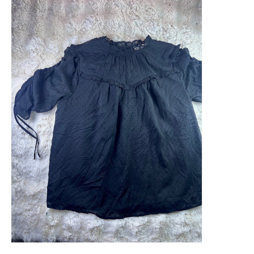 LOFT Black Swiss Dot Ruffle Mock Neck Blouse Tie Sleeve XL. A24